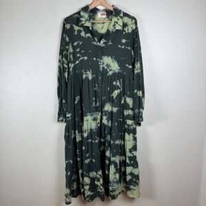 Samant Chauhan Green Tie Dye Cotton Tiered Button Down Midi Dress Pockets Small